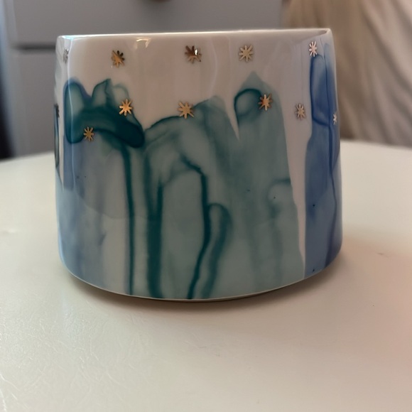 Anthropologie Blue Teal Drip Watercolor Night Sky Gold Ring Handle Mug - Picture 4 of 10